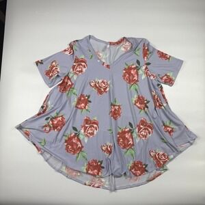 Women's Blouse Top 3X Plus Blue Red Floral Short Sleeve V Neck Flowy Stretch